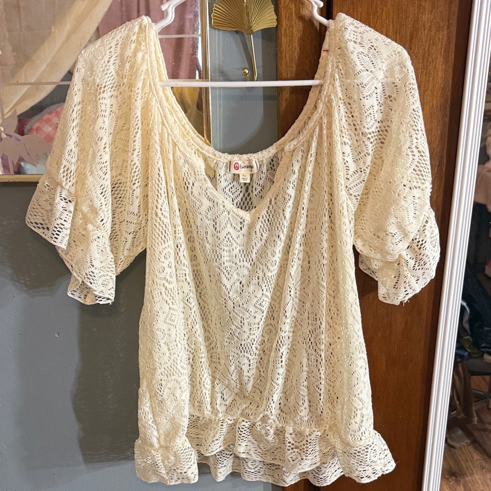 Olsenboye Cream Crochet Lace Peasant Top with Ruffle Hem